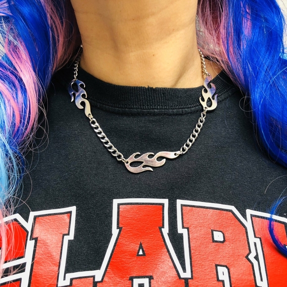Unisex Flames 🔥 Curb Chain Necklace Choker Punk Rock Y2K style 20” Men Women - Picture 3 of 4